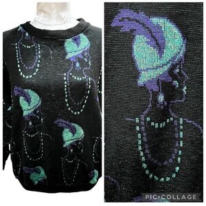 Vintage Black Sz L/XL  Long Sleeve Sweater 40s Print Sparkle Rob Rich Acrylic